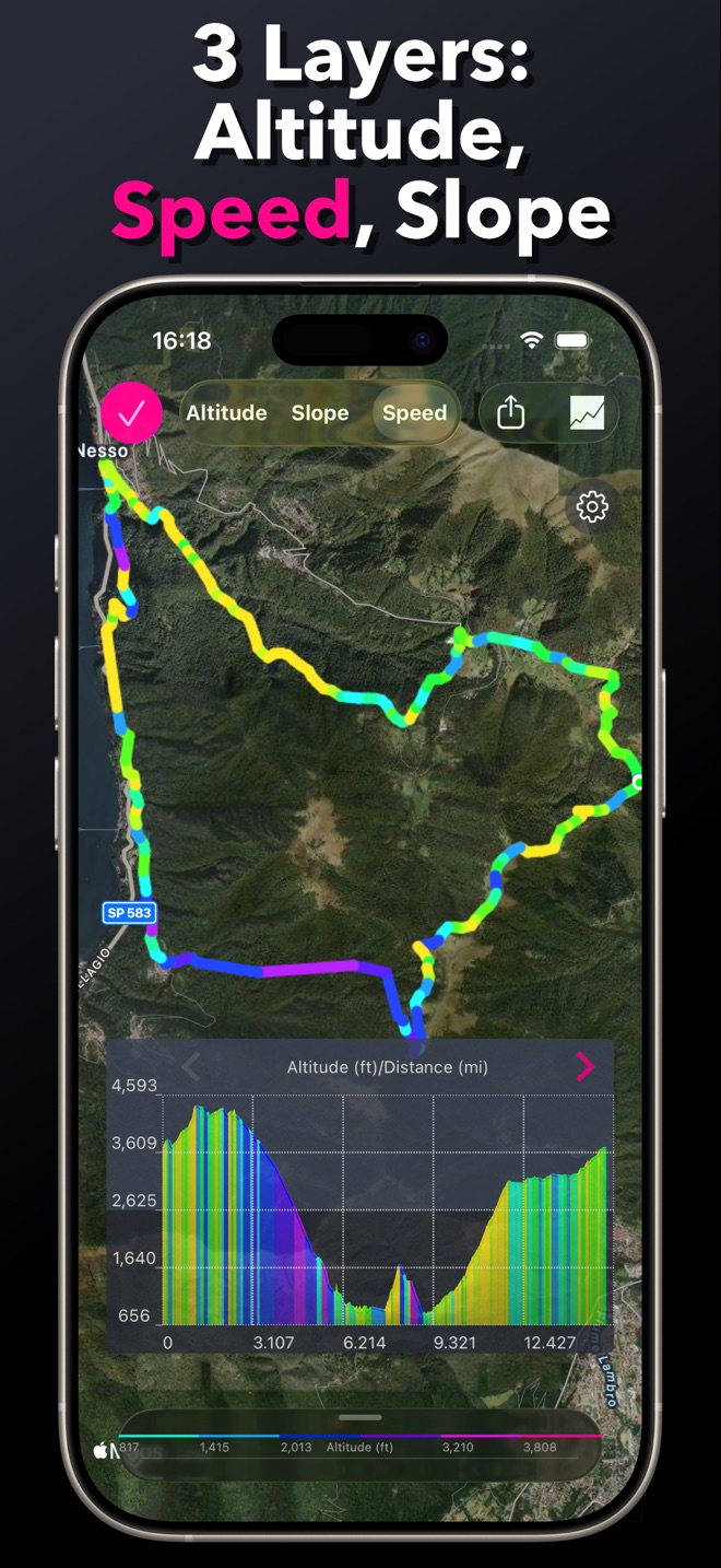 Three map layers: altitude, speed, and slope